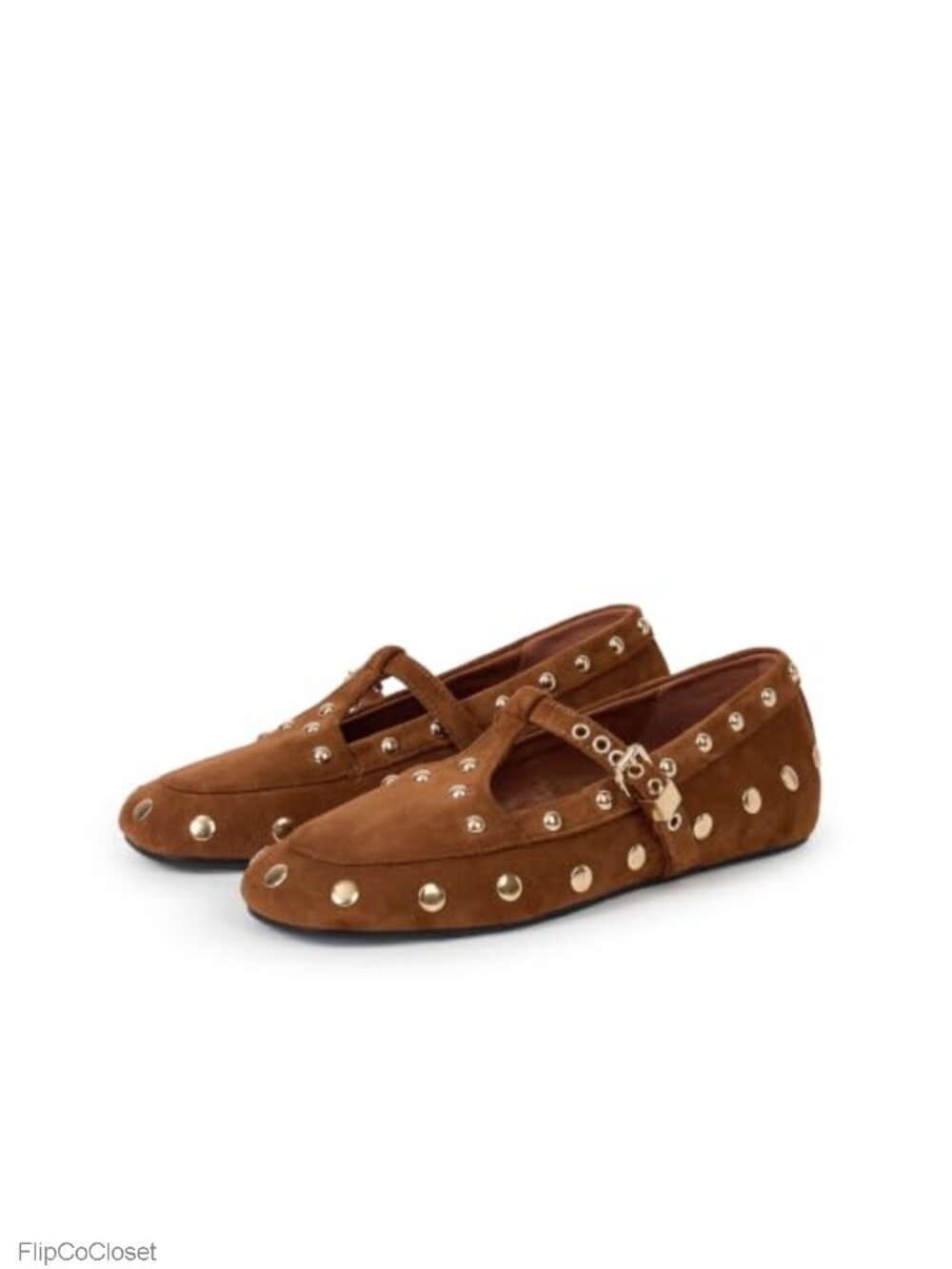 Faux Suede Studded Mary Jane Flats Round Toe T-Strap Buckle